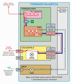 Dataflow diagram for TORNADO-RxmMTCA� modular RF mini system with TORNADO-ARX1� radio-processing AMC-module and T/AX-DSFPX network AMC-module in 2-slot MicroTCA� mini-chassis with passive backplane